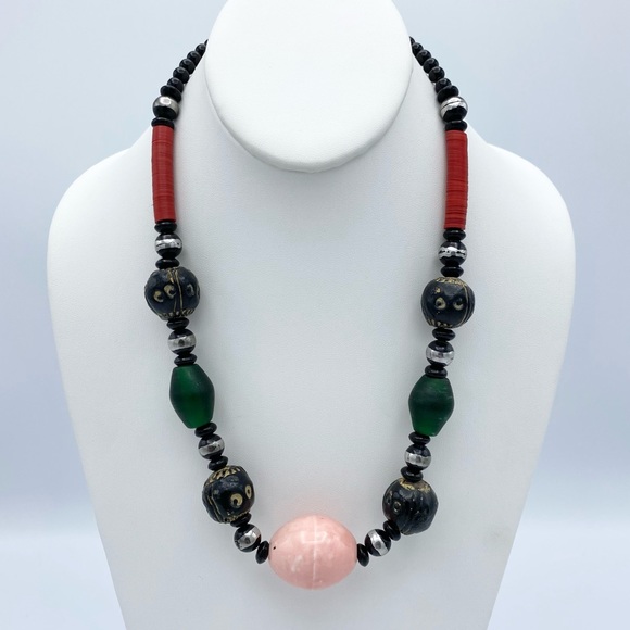 Artisan Vintage African Wood Ceramic Glass Tribal Bohemian Necklace - Picture 1 of 11